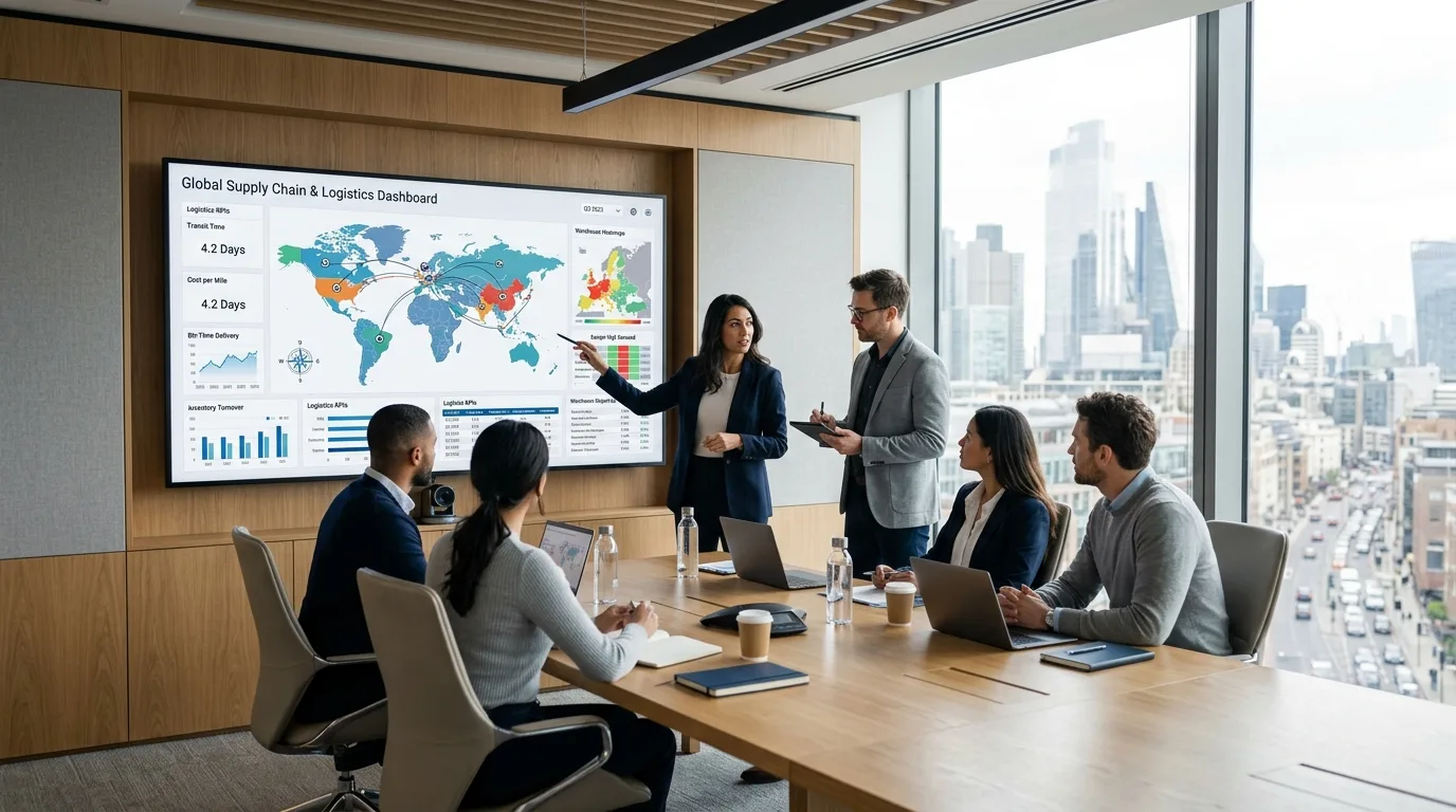 Logistics consulting team reviewing digital supply chain analytics