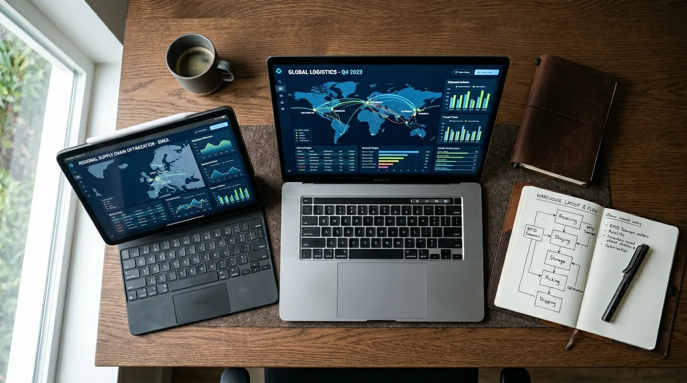Devices showing logistics network analysis dashboards and warehouse flow planning