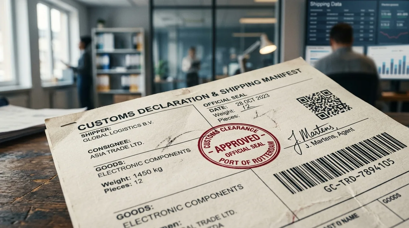 Customs documents, official stamps, and filing detail arranged for border compliance review