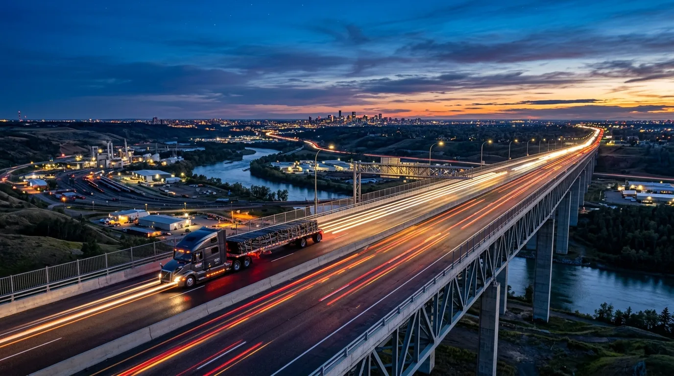 Long-haul semi truck crossing a highway at twilight