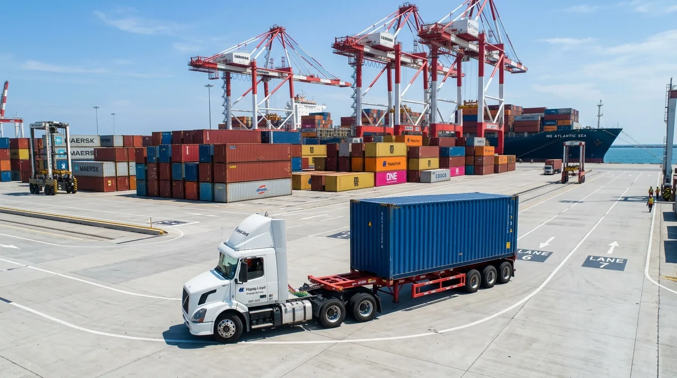 Drayage truck handling a container inside a modern port terminal